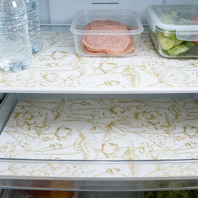Shelf Liners Non Adhesive Light Base Gold Lotus Pattern - Thickened Non-Slip Easy to Clean Drawer Liner for Kitchen Cabinets, Tool Box, Refrigerator, with Knife & Tape Measure, 17in x 20FT