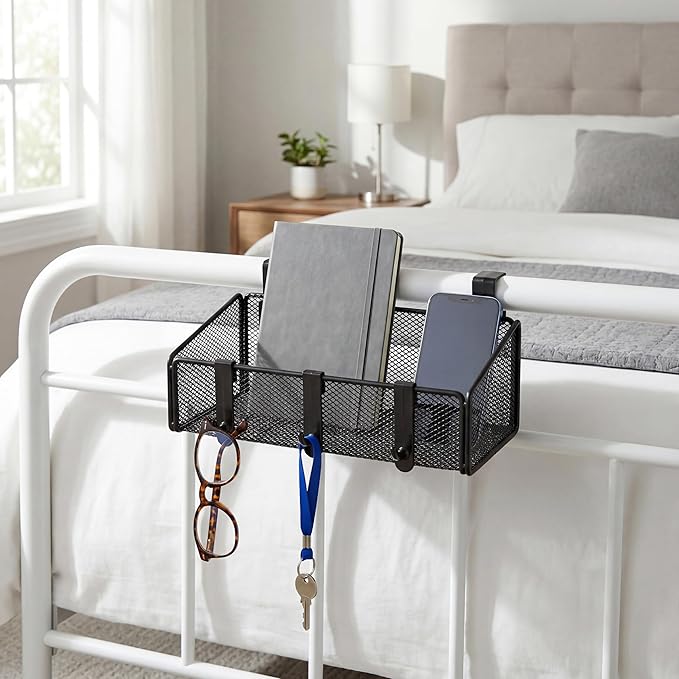 Bedside Shelf for Bed & Bunk Bed Storage Basket Office Cubical Wall Hanging Organizer - 5 Different Size Hooks - College Dorm Home Office Essentials for Phone,Book,Drink,Tissue (White)