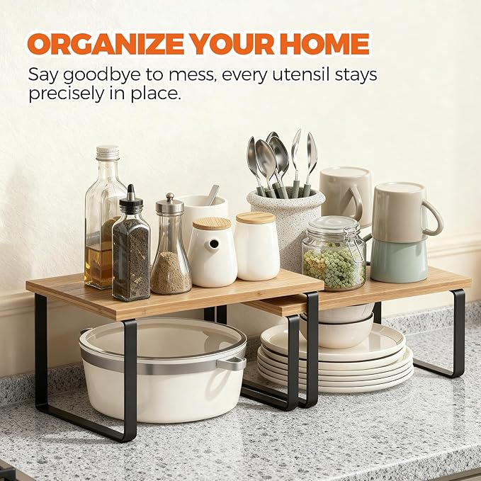 Cabinet Organizer Shelf - 4 Pack Wood Kitchen Organizer, Upgraded Cabinet Organizer Shelf for Kitchen Storage, Countertop, Spice Rack, Stackable, Expandable, Ink Black and Natural Beig