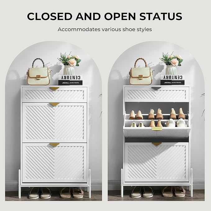 Shoe Cabinet Storage with 2 Flip Drawers, Narrow Hidden Shoes Organizer Cabinet for Entryway, Freestanding Slim Shoe Rack Front Door Entrance(White)