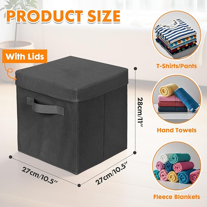 ShellKingdom Storage Bins, Foldable Fabric Storage Cubes with Lid, Clothes Storage Organizer Drawer For Closet Toys Storage, 10.5 X 10.5 X 11 INCH, 2 Pack (Black)