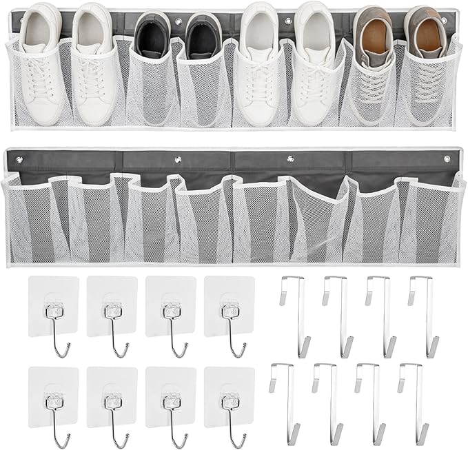 2 PCS RV Shoe Storage Organizer with 16 Pockets, Wall Hanging Pocket Organizer for Camper Bedside Closet Entryway, Space Saving Wall Hanging Includes 8 Hooks & 8 Adhesive Pads