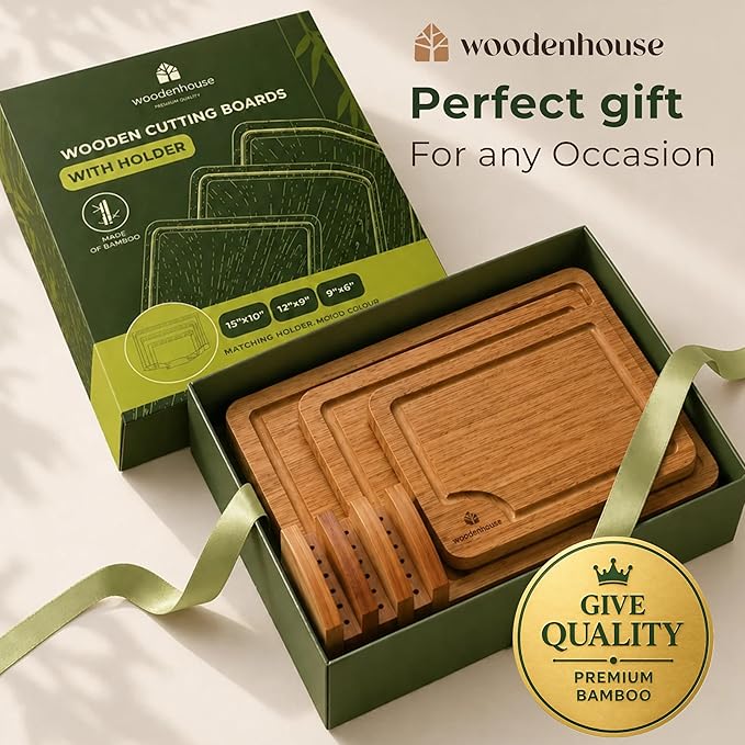 Wood Cutting Board Set of 3 - Sturdy & Easy to Clean Bamboo Wooden Cutting Boards for Kitchen - 3 Sizes of Chopping Board with Juice Grooves for Meal Prep, Everyday Use, Housewarming Gift