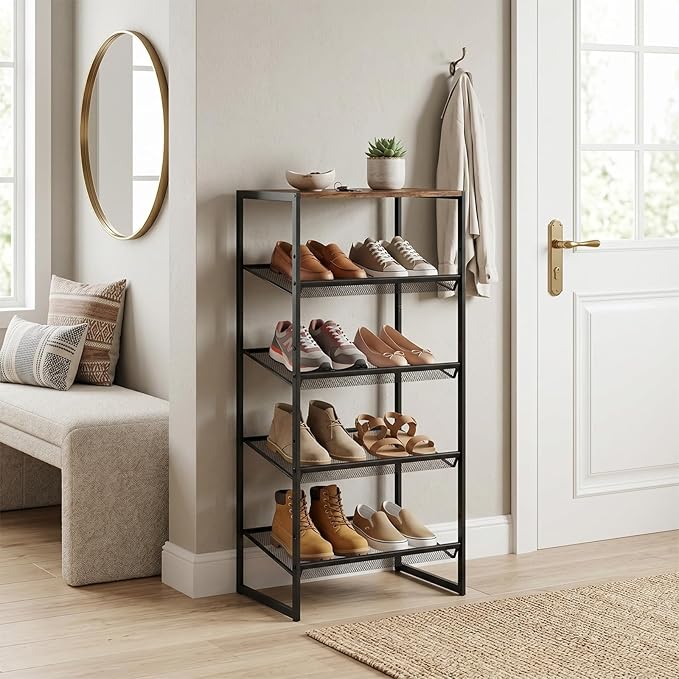 Shoe Rack,5 Tier Shoe Storage Organizer,Sturdy Shoe Shelf,Boot Rack with a Fine Mesh Shelves,for Entryway, Living Room, Hallway,Small Space,11.8 x 16.5 x 27.9 Inches,Brown