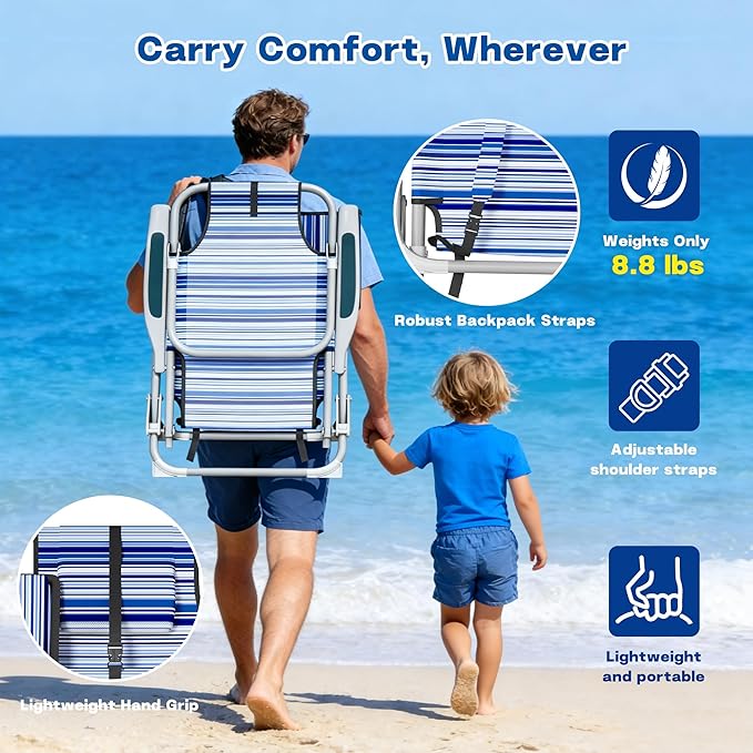 DIAMONDFORGE Lightweight Portable Beach Chair for Adults, 350 LBS Capacity Backpack Beach Chair, Reclining Beach Chair with 5-Position Lay Flat, Large Cup Holder for Beach Camping Sports, 1 Pack Blue