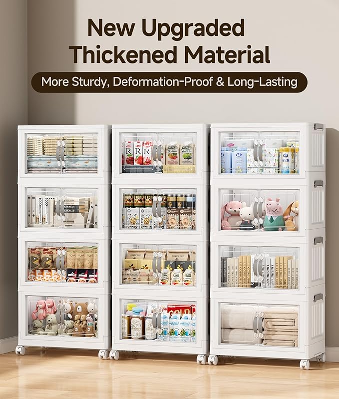 Hanyi 304 QT Stackable Storage Bins with Lids, 4 Tier Collapsible Plastic Storage Cabinet with Magnetic Doors, Removable Top Lid, Locking Wheels, Closet Organizer for Bedroom, Pantry, Office