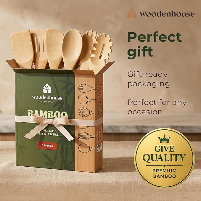 Bamboo Wooden Utensil Set, 6 Pcs - Nonstick Safe & Heat-Resistant Bamboo Utensils for Cooking - Easy to Clean & Sturdy Wooden Spoons for Cooking & Wood Spatula with Smooth Finish & Comfortable Handles