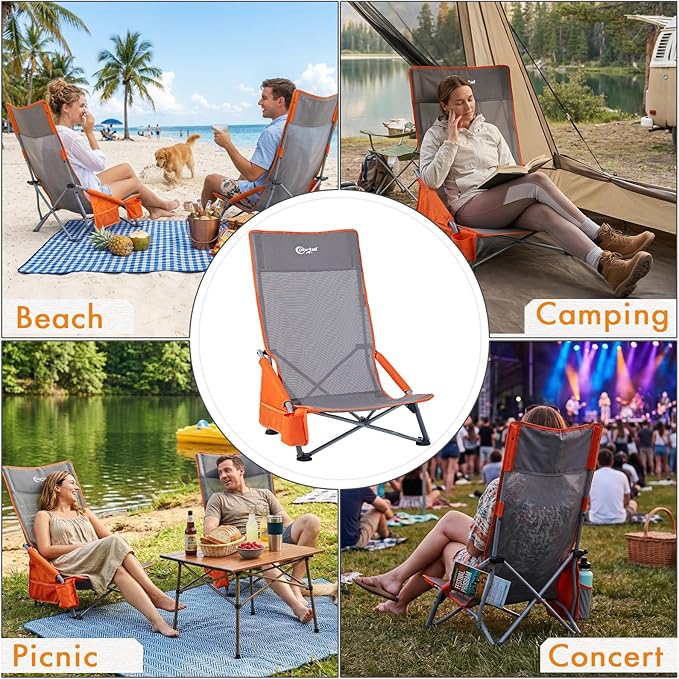 Portal High Back Beach Chair for Adults - Heavy Duty 350 lbs Folding Portable Sand Chair with Cup Holder & Side Pocket, Breathable Mesh Tall Camping Chair with Rotating Feet for Outdoor Travel Grey