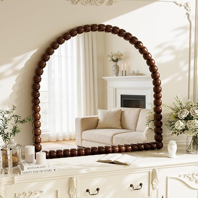 31"×32" Brown Arched Bathroom Vanity Mirror, Vintage Beaded Decorative Wall Mounted Makeup Mirror, as Wall Decor Hanging Leaning for Fireplace Mantle, Living Room, Bedroom, Vanity Area