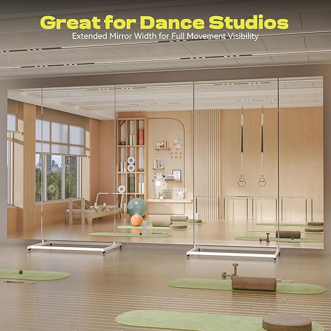 Hasipu Large Full Length Rolling Mirror - 79"×79" Tri-Fold Full Body and Tempered Glass Movable Home Gym Mirror on Wheels with Stand for Gym, Dance Studio, Fitness Room, and Home