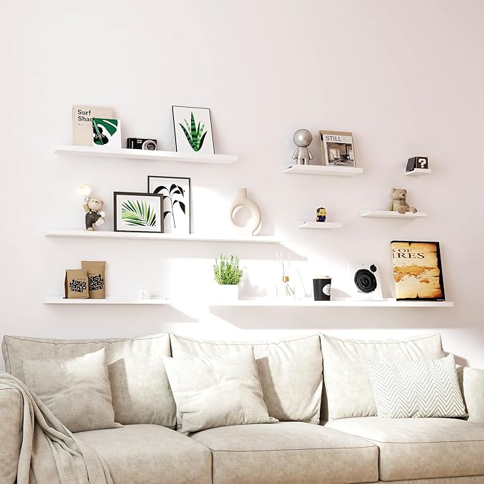 White Floating Shelves for Wall Decor, Wall Mounted Wood Storage Shelf for Bedroom, Living Room, Bathroom, Kitchen, Nursery, Display Picture Ledge Shelf with Lip Set of 2-14 Inches, White