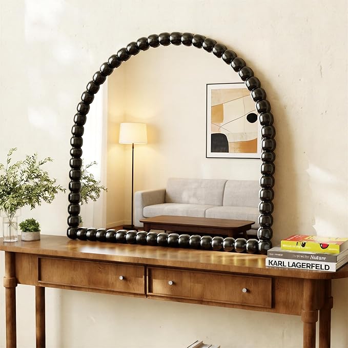 31"×32" Black Arched Bathroom Vanity Mirror, Vintage Beaded Decorative Wall Mounted Makeup Mirror, as Wall Decor Hanging Leaning for Fireplace Mantle, Living Room, Bedroom, Vanity Area