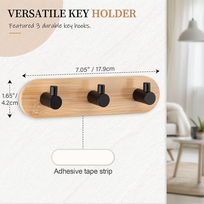 Nekon Bamboo Key Holder for Wall, Wall Mount Key Organizer with 3 Hooks, Decorative Coat Rack for Entryway, Kitchen, Bedroom, Bathroom (Black Hooks)
