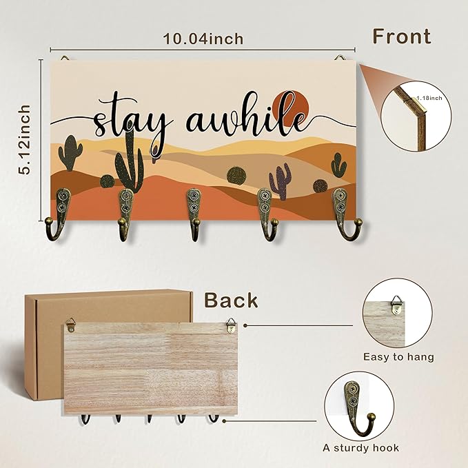 Stay While Sign Key Holder for Wall 10"x5.12", Inspirational Family Sign Key Hanger Wall Mount, Boho Western Landscape Wooden Hanging Keys Holder Decor for Entryway Front Door(5 Hooks)