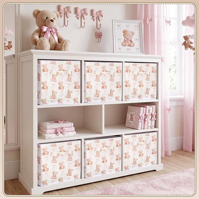 Geelin 6 Pcs Pink Bow Teddy Bear Cube Storage Bins 11 Inch Storage Basket with Handle, Preppy Girls Organizer Basket, Collapsible Fabric Box for Classroom Bedrooms Office Home Decoration Gift