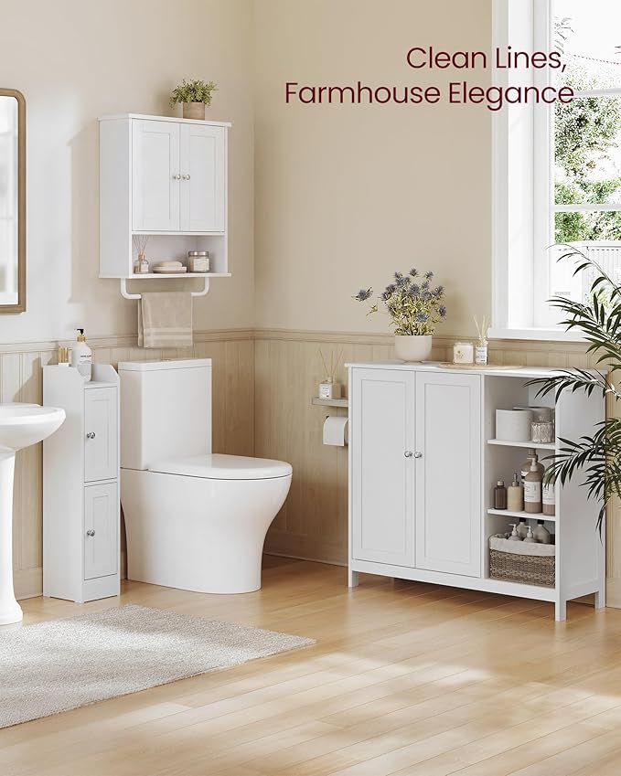 VASAGLE Siren Collection - Hanging Bathroom Cabinet with Towel Rod, Farmhouse Wall Storage Cabinet, with Adjustable Shelf, and Doors, 7.9 x 17.7 x 23.6 Inches, Cloud White UBBK148WB01S