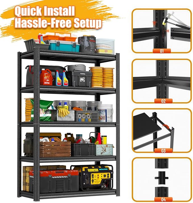 48"W Garage Shelving 3000Lbs Storage Shelves Heavy Duty 5 Tier Adjustable Metal Shelving Unit Garage Storage Wire Shelves for Basement, Warehouse, Commercial 47.2" W × 15.7" D × 72" H , Black