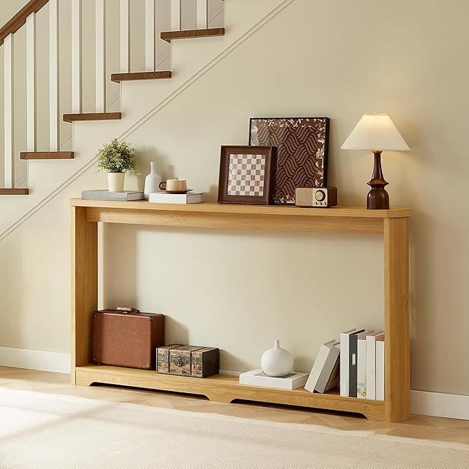 70" Extra Long Narrow Console Table, Fluted-Side Sofa Table with Open Shelf, Entryway/Hallway/Living Room Console – Natural