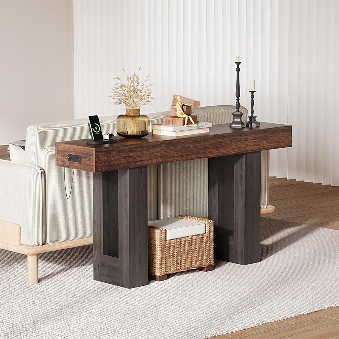 IDEALHOUSE 63" Entryway Table, Wood Console Table with Charging Station, Extra Long Sofa Table, Narrow Hallway Foyer Table for Entryway, Hallway, Living Room, Rustic Brown & Black