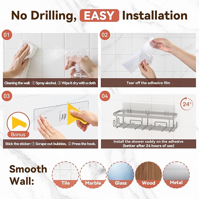 YASONIC Shower Caddy Adhesive 5-Pack, Rustproof Shower Organizer with Holder, No Drilling Shower Shelves for Inside Shower, Large Capacity Bathroom Organizers and Storage for Home & Renters, Grey