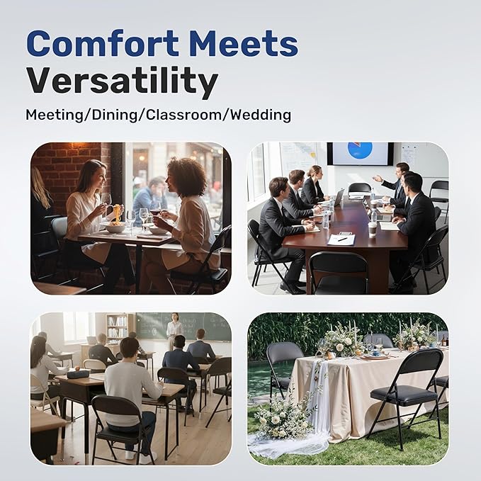 Simple Deluxe 6 Pack Folding Chairs with Leather Padded Cushion Seats & Durable Metal Frame, Comfortable, Foldable, Portable, Commercial Event Seat, Indoor Outdoor for Parties, Home, Office, Black