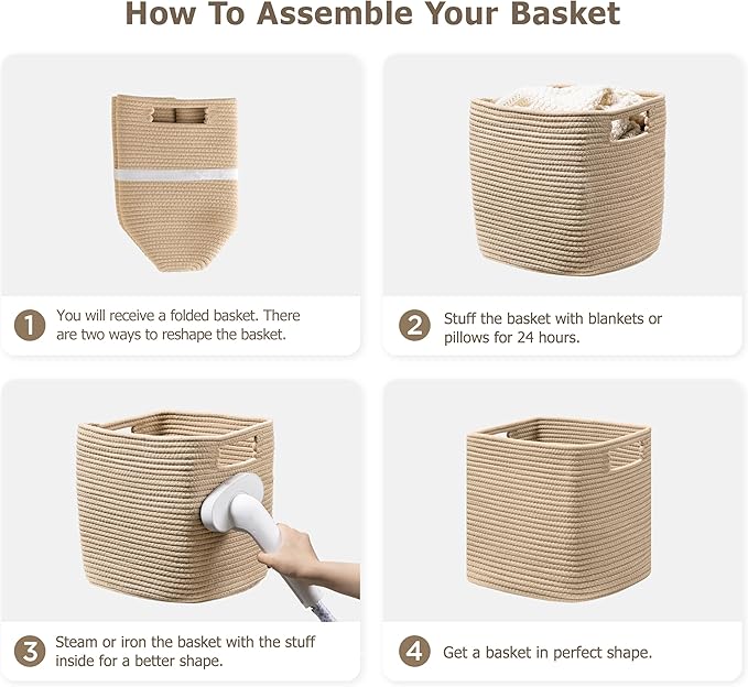 UBBCARE Set of 4 Storage Basket-11 X 10.5 X 10.5 In, Cotton Rope Basket for Shelves, Toys, Book, Cube Storage Bins with Handles, Woven Storage Baskets for Organizing, Brown