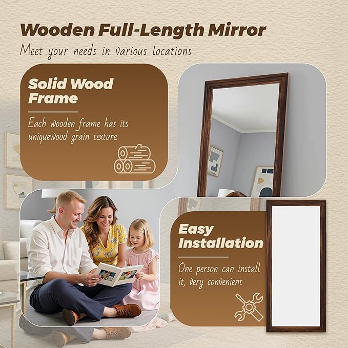 Antok Full Length Mirror with Solid Wood Frame, 71"×32" Wall Mounted Oversized Floor Mirror with Stand, Leaning Standing Hanging for Bedroom Living Room Entryway, Walnut, Rect Style