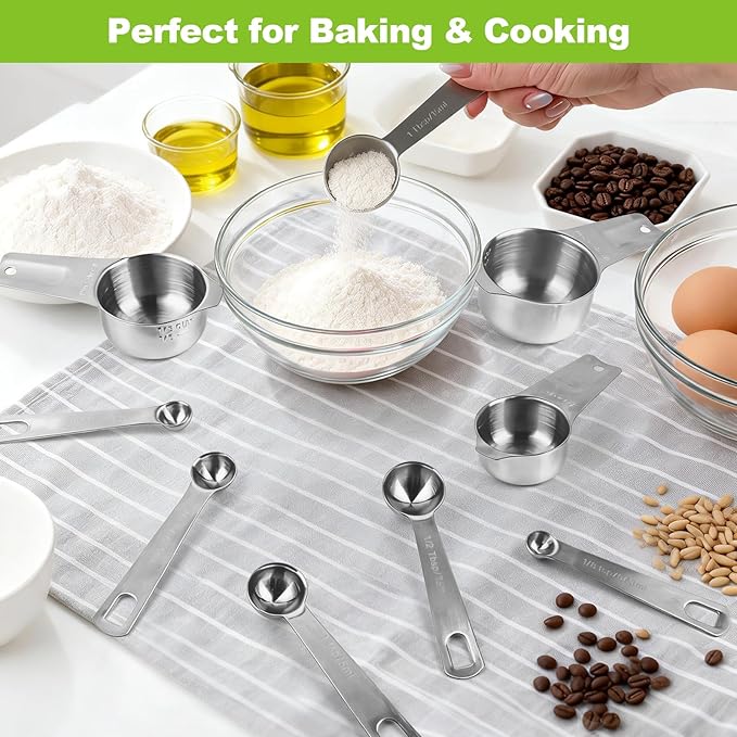 Measuring Cups and Spoons Set, 10 Piece Stainless Steel Nesting Measure Cup Includes 4 Cups & 6 Spoons, Stackable Dishwasher Safe Spoon Sets for Dry & Liquid Ingredients, Cooking & Baking Supplies