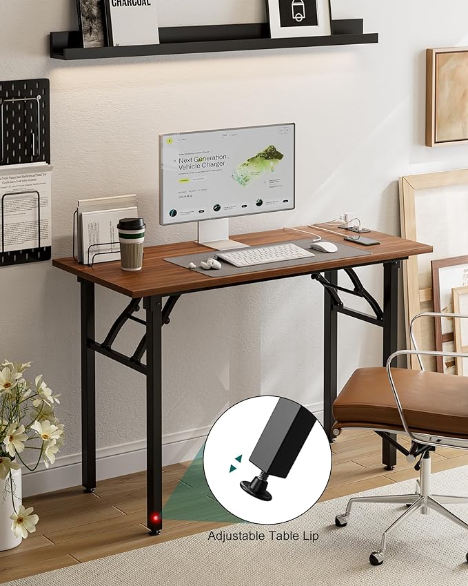 Frylr Small Folding Computer Desk โ 43.3 Inch Portable Table for Craft and Study, Lightweight Desk for Small Spaces, Foldable Laptop Table Built-in AC/USB Outlets for Convenience, Dark Walnut