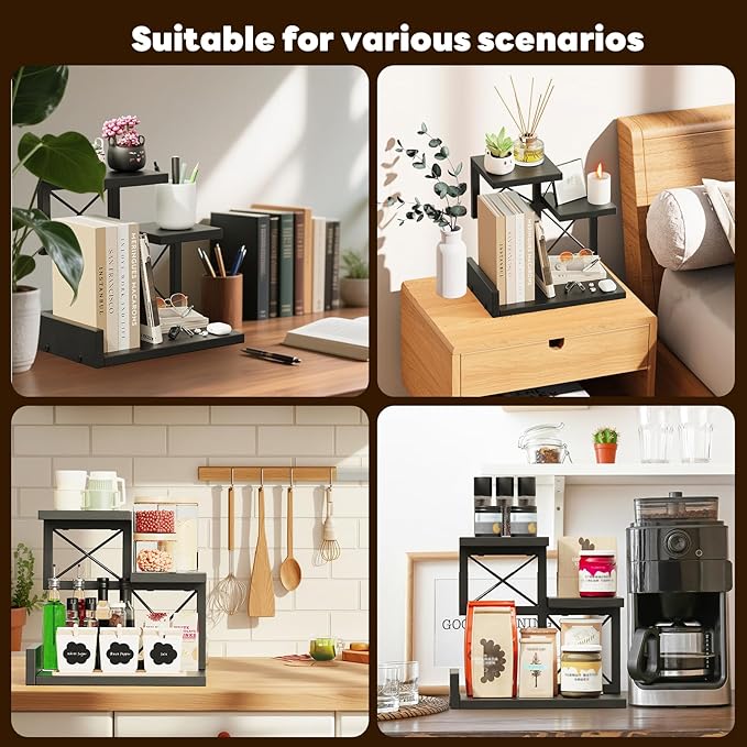 Abiglifty Desk Shelf Organizer, Wooden Desktop Organizers, 3 Tier Desk Hutch Small Bookshelf, Nightstand Organizer, Riser Display Stand for Office, Dorm, Home (Black)