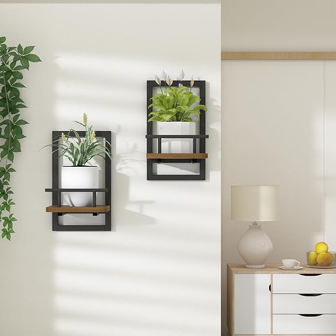2-Pack Floating Shelves for Indoor Plants, Wall Mounted Storage Shelves for Bedroom, Living Room, Kitchen, Office, Bathroom Decor