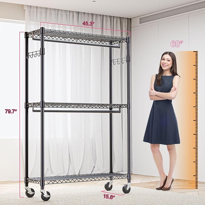 M MZG Heavy Duty Rolling Garment Rack 3 Tiers Adjustable Wire Shelving Clothes Rack with 2 Rods and Side Hooks,Storage Closet Clothing Rack with Wheels Black 15.7" D x 45.3" W x 79.6" H