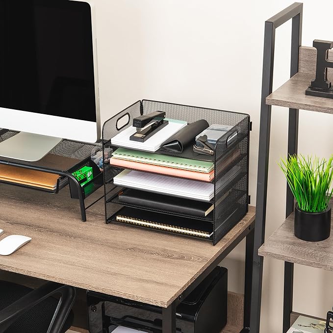 Mind Reader 5 Tier Paper Tray Desktop Organizer, Removable Shelves, Cut-Out Handles, Tool-Free Assembly, Metal Mesh, Black