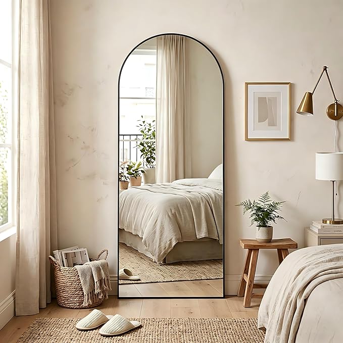 MISSDAY 65"x24" Arched Full Length Mirror, Full Body Mirror with Stand, Floor Mirror Long Free Standing, Leaning or Hanging, Aluminum Thin Frame Wall-Mounted Mirrors Wall Mirrors for Bedroom, Black