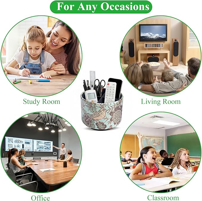 Round Leather Art Supply Organizer,Remote Control Holder,360 Degree Spinning,Multi-Functional Pencil Holder,4 Compartments Desktop Stationary Organizer(1-Green Bird)
