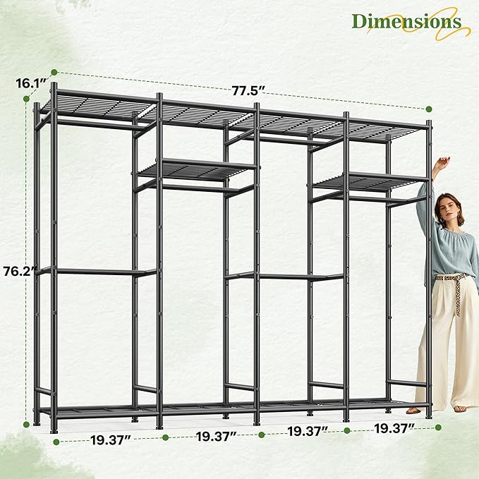 Raybee Clothes Rack, Clothing Racks for Hanging Clothes, Portable Closet with 6 Rods & 10 Shelves, Metal Garment Rack for Bedroom, Freestanding Wardrobe Closet, Black