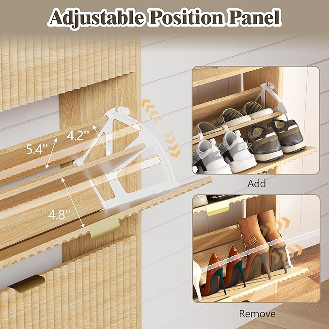HUANLEGO Shoe Cabinet Storage for Entryway with 3 Flip Drawers, Fluted Narrow Shoe Organizer with Wooden Legs, Freestanding Slim Shoe Storage Hidden Shoe Rack Organizer for Front Door Entrance, Oak