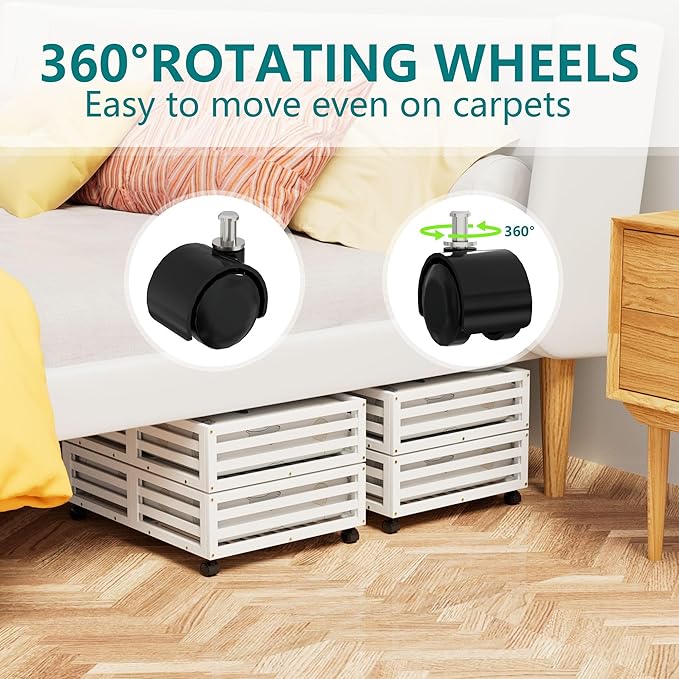 Bamboo Under Bed Storage Containers- Underbed Organizer with Wheels with Large Capacity Dust Bag,Sturdy Wood Rolling Under Bed Shoe Storage Organizer 2 Packs (White, 2 Packs (23.62"×16.54"))