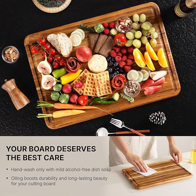 4 Pack Teak Cutting Board Set for Kitchen Heavy Duty Non Toxic Non Slip Solid Thick Wood Haus Chopping Board Extra Large Big Small Meat Best Wooden Charcuterie Board