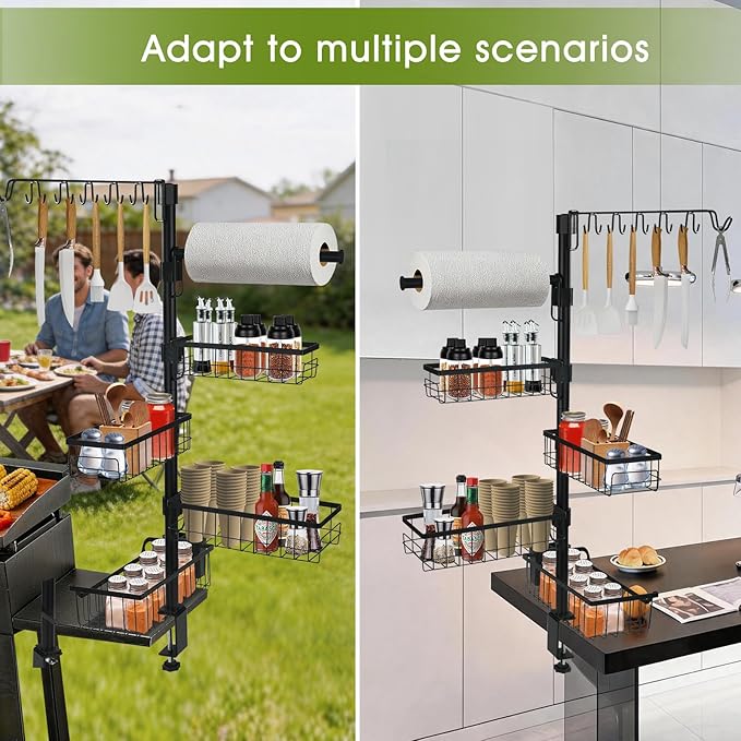 10-in-1 Griddle Caddy, Outdoor BBQ Organizer Rack with Paper Towel Holder, Utensil Hooks & Condiment Basket, Barbecue Accessories Storage Station for Camping Kitchen, Patio, Ideal Gift for Men, Dad