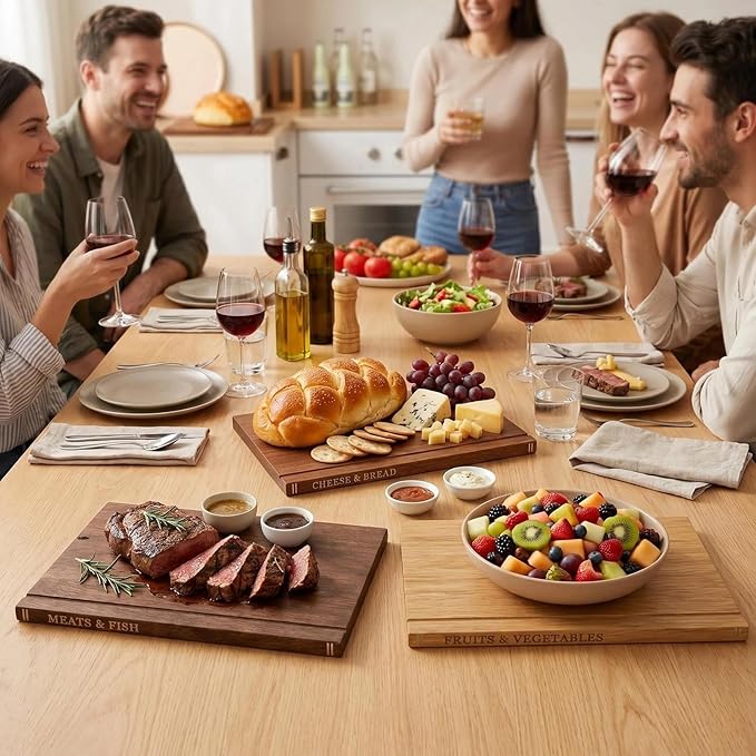 Book Cutting Board Set with Stand - Wooden Library Shaped Chopping Boards That Look Like Books, Labeled Meat, Fish, Cheese & Bread, Fruits & Vegetables, Decorative Kitchen Cutting Boards