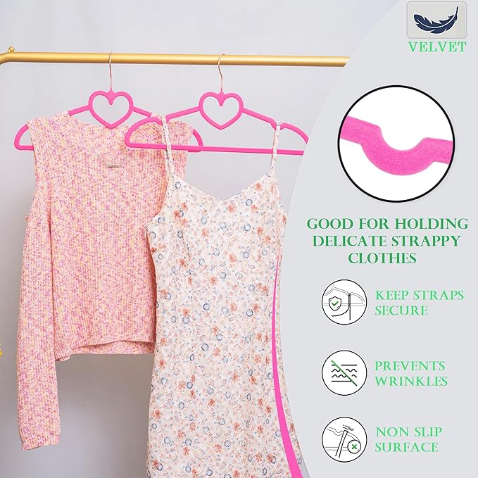 Velvet Hangers 20 Pack, 360ยฐ Swivel Rose Gold Hooks, 16" Non Slip Felt Hanger, Space Saving Clothes Hanger, Durable & Cute Flocked Heart Hanger for Adult (Hot Pink)