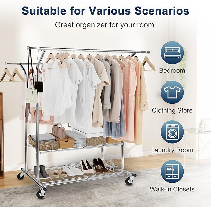 Whitmor Heavy Duty Clothing Rack, Adjustable & Extendable Rolling Garment Rack with Lockable Wheels, Double Rod Clothing Racks with 2 Bottom Shelves, Max Load 500LBS for Hanging Clothes, Chrome