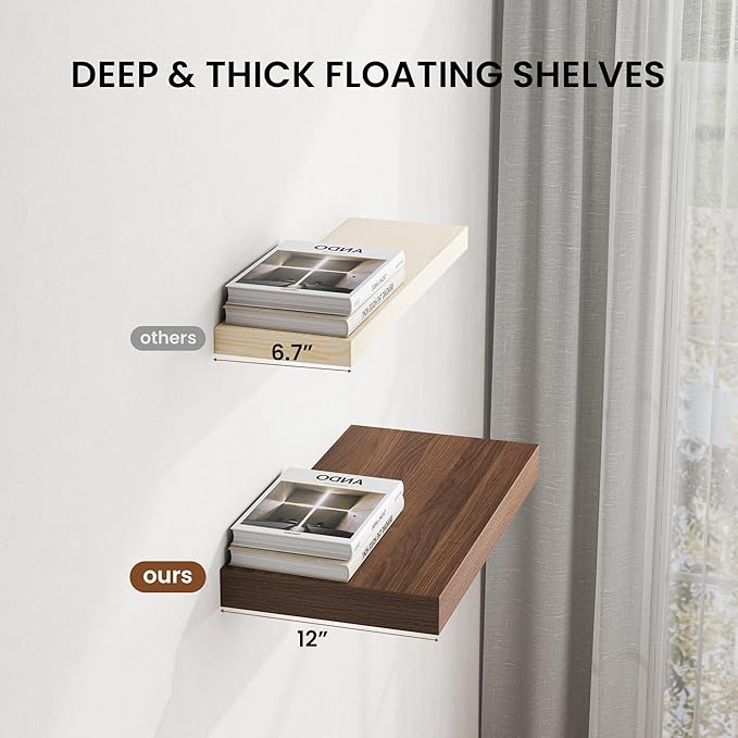 Dreamland 32" Floating Shelves for Wall, 12" Deep Thicker Walnut Floating Shelves, Wall-Mounted Shelves for Bedroom, Living Room, Kitchen, Bathroom - Set of 2