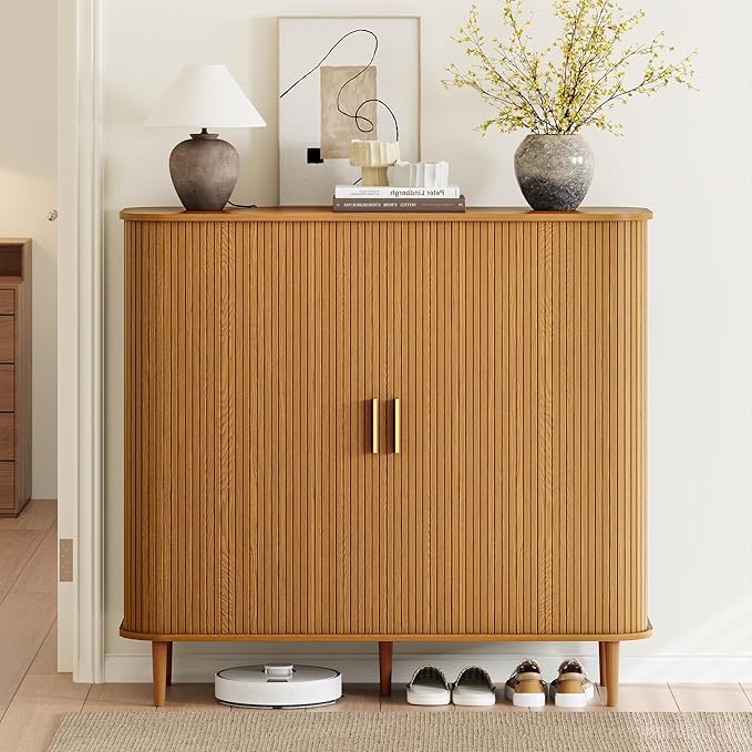DHH Shoe Storage Cabinet with Sliding Door, 6-Tier Shoe Cabinet with Adjustable Shelves, Mid-Century Modern Freestanding Shoe Storage Organizer for Entryway, Hallway, Living Room (Wood, 47 ")