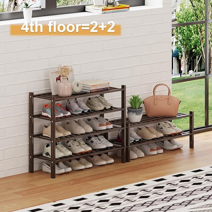 Bamboo Shoe Rack Organizer for Closet and Entryway - Space-Saving Narrow Shoe Stand - Versatile Shoe Holder for Door or Closet Shelf,Garage Bedroom can Freely Stack DIY Small Shoe Racks 2Tier Brown