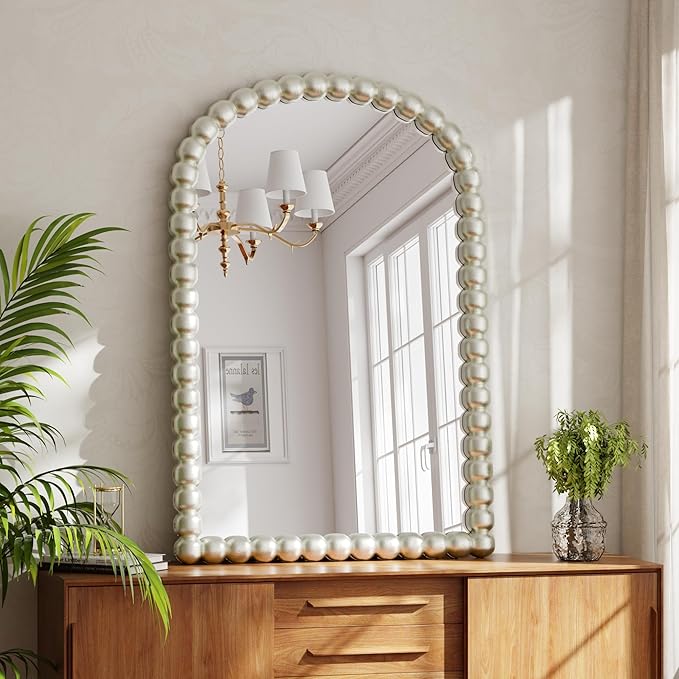 24"×36" Silver Arched Bathroom Vanity Mirror, Vintage Beaded Decorative Wall Mounted Makeup Mirror, as Wall Decor Hanging Leaning for Fireplace Mantle, Living Room, Bedroom, Vanity Area