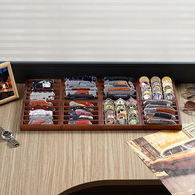 Knife Display Case Knife Holder for Pocket Knife Case Storage, Edc Tray Fits Edc Flashlight (Walnut,2 Pack)