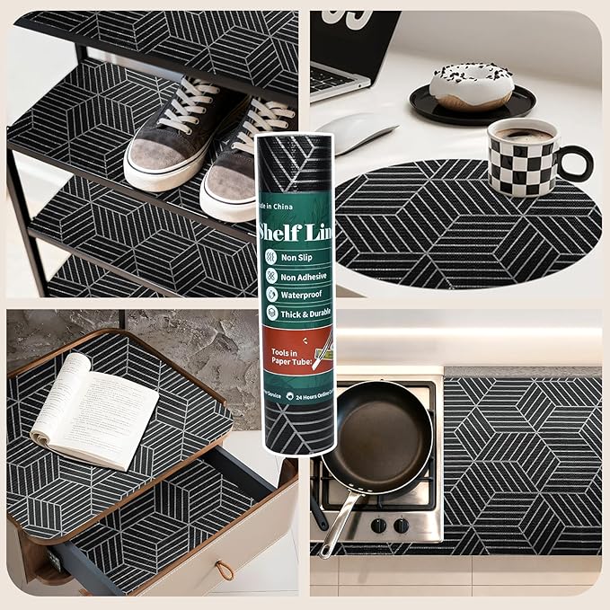 Shelf Liners for Kitchen Cabinets 23.6in x 20FT, Non Adhesive Cabinet Liner Strong Non-Slip Black and Silver Geometric Drawer Liner, Easy to Clean for Shelf, Cabinet with Knife and Tape Measure