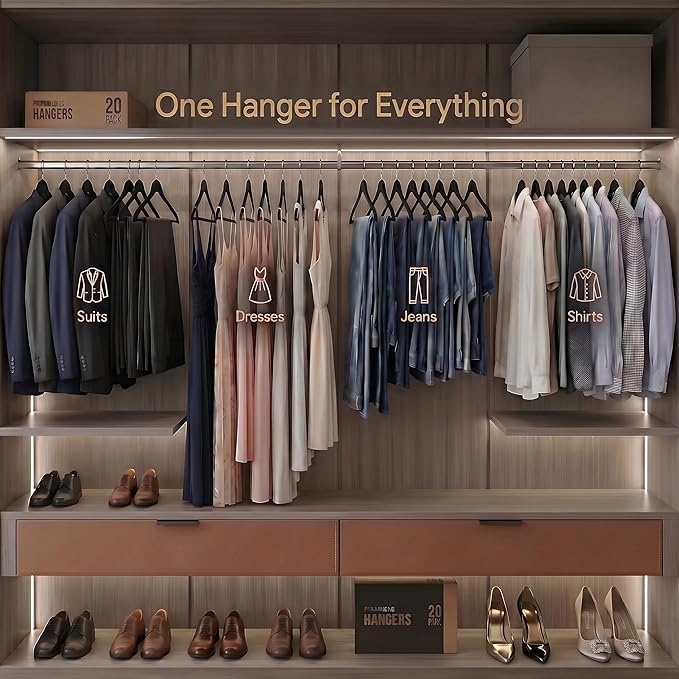 Black Wooden Hangers 20 Pack – Luxury Non Slip Lotus Wood Clothes Hangers with Velvet Bar, 360° Swivel Hook, Heavy Duty Suit & Coat Hangers for Pants, Jackets & Closet Organization – SAMSARC